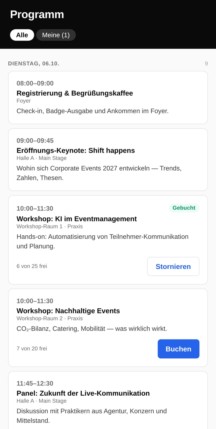Programm in der Gäste-App: Sessions mit Zeit, Raum und freien Plätzen, eine gebuchte Session und der Buchen-Knopf einer weiteren